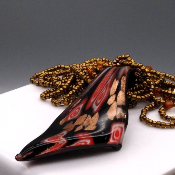 Murano Glass Stretched Millefiori Pendant, Dichroic Copper Fluss Art Glass on Br - Picture 5 of 5